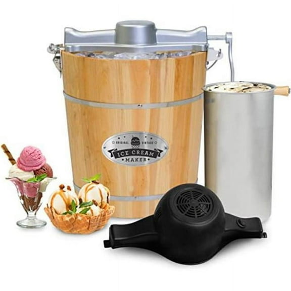 Elite Gourmet 4Qt. Old Fashioned Pine Bucket Electric/Manual Ice Cream Maker EIM402