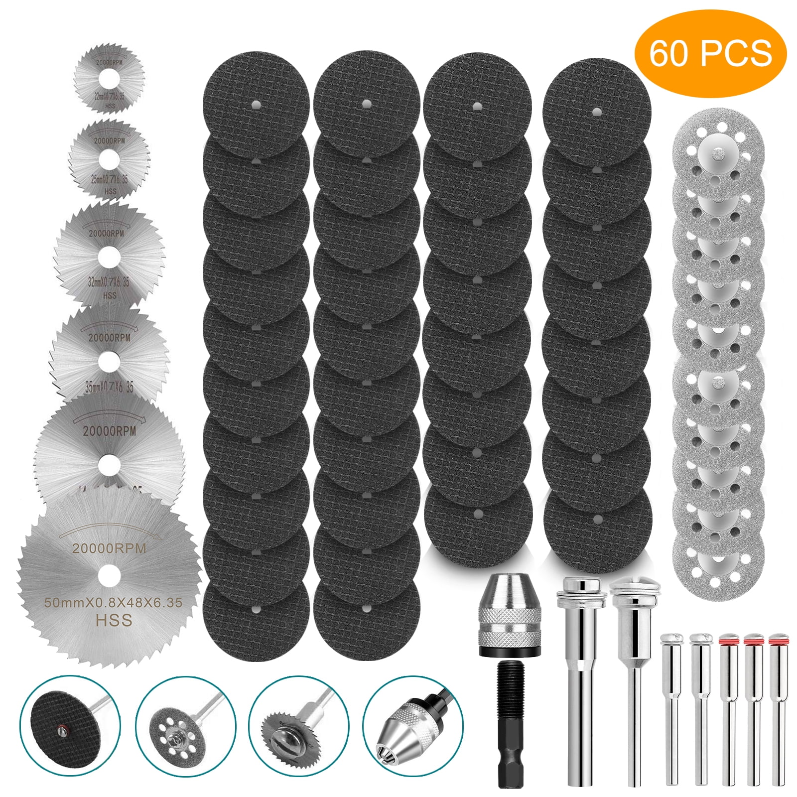 60pcs Rotary Cutting Wheels Tools, EEEkit Mini Diamond Cutting Wheel and HSS Circular Saw Blades and Resin Metal Cutting Wheels Tools for Cutting Wood, Metal, Stone