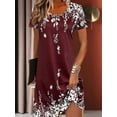 thumbnail image 3 of Burgundy Floral Print Short Sleeve Relaxed Fit Midi Dress For Women, Lightweight Casual Vacation Style, 3 of 6