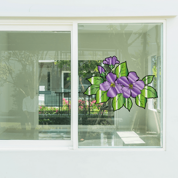 Violet Flower Flowers Plant Vinyl Stained Glass Film Static Cling Window Waterproof Decal for Girls Boys Kids Room Bedroom Nursery House Fun Home Decor Stickers Wall Art Vinyl Decoration (3x5 inch)