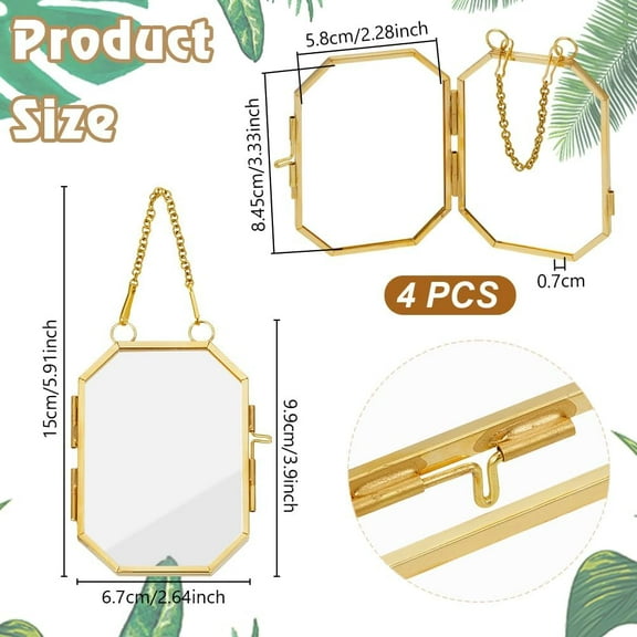 4Pcs Wall Hanging Photo Frames 3.9x2.64 Inch Double Glass Picture Frame with Chain Octagonal Brass Frame DIY Vintage Artwork Display Frames for Pressed Flowers Pictures Home Wall