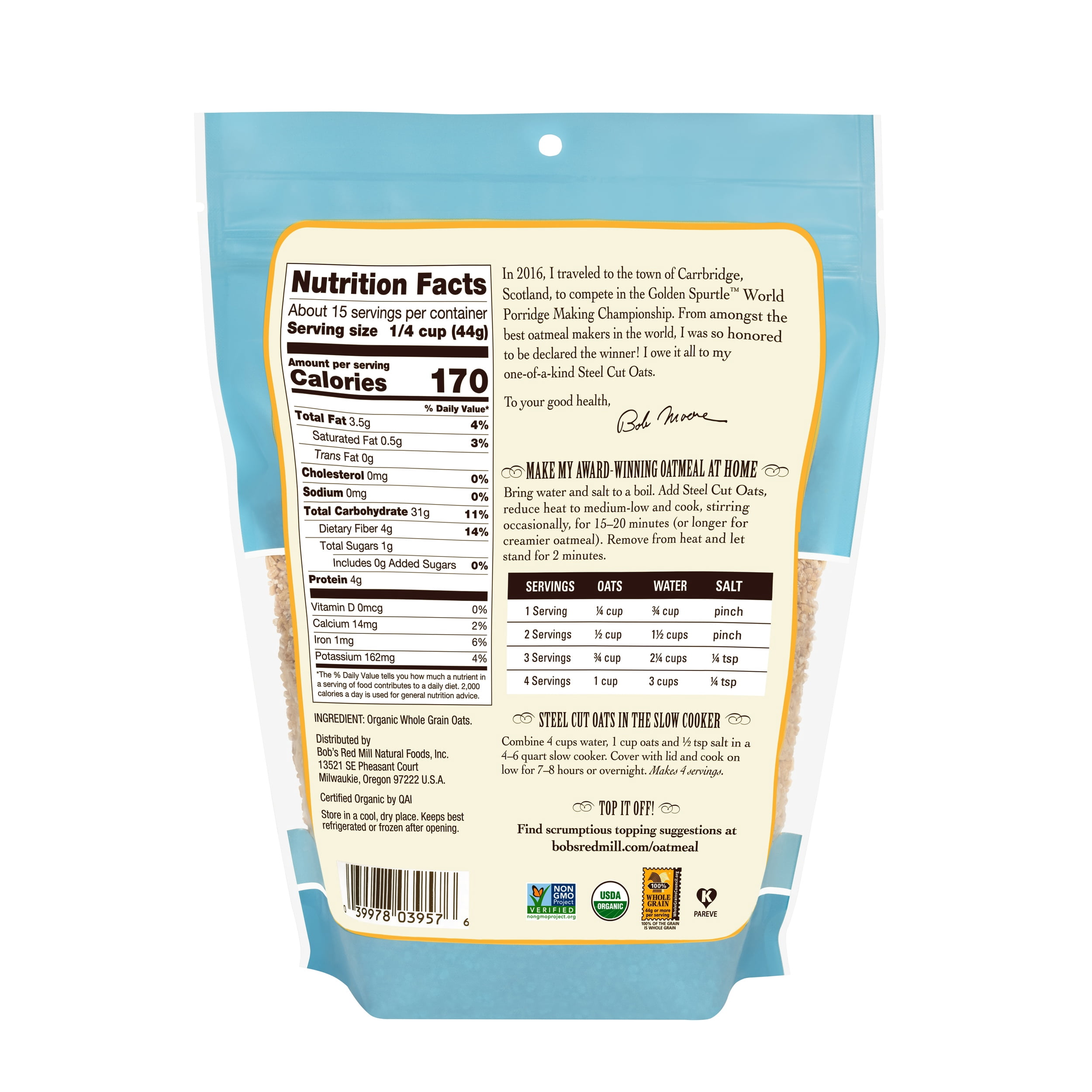 Bob's Red Mill Organic Steel Cut Oats 24 oz Shelf-Stable Bag