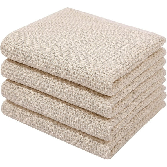 100% Cotton Waffle Weave Kitchen Dish Towels, Ultra Soft Absorbent Quick Drying Cleaning Towel, 13 x 28 Inches, 4-Pack, Beige