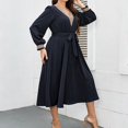 thumbnail image 2 of Kadahis Plus Size Deep V-Neck Sexy Long Sleeve for Women Fashion Basic Dress for Lady Waist Tie, 2 of 5