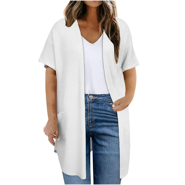 Plebaso Womens Plus Size Cardigan Short Sleeve Summer Cardigans Open Front Casual Blouses with Pockets