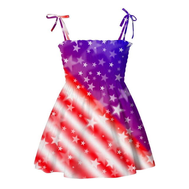 vdgthytj Robe 4 Juillet pour Tout-Petites Filles Étoiles Rayées Bretelles à Nouer Robe Smockée Robe d'Été Trapèze Robe de Fête d'Été