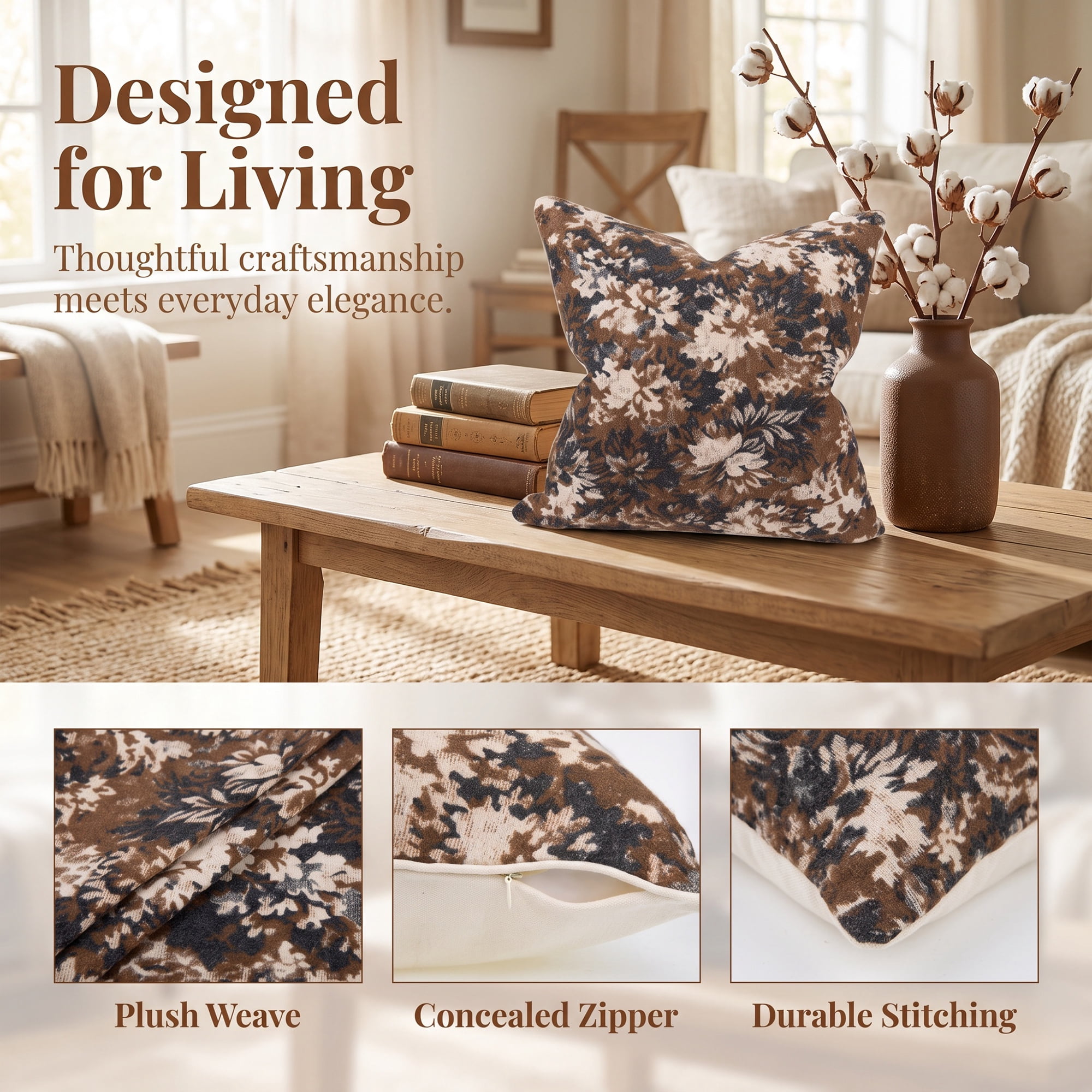 Unique Bargains 2Pcs Floral Throw Pillow Covers Chenille Cushion Cases Caramel 18"x18"