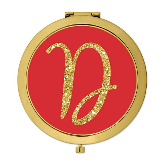 Koyal Wholesale Gold Compact Mirror Bridesmaid's Wedding Gift, Red with Faux Gold Glitter, Monogram Letter D, 1-Pack