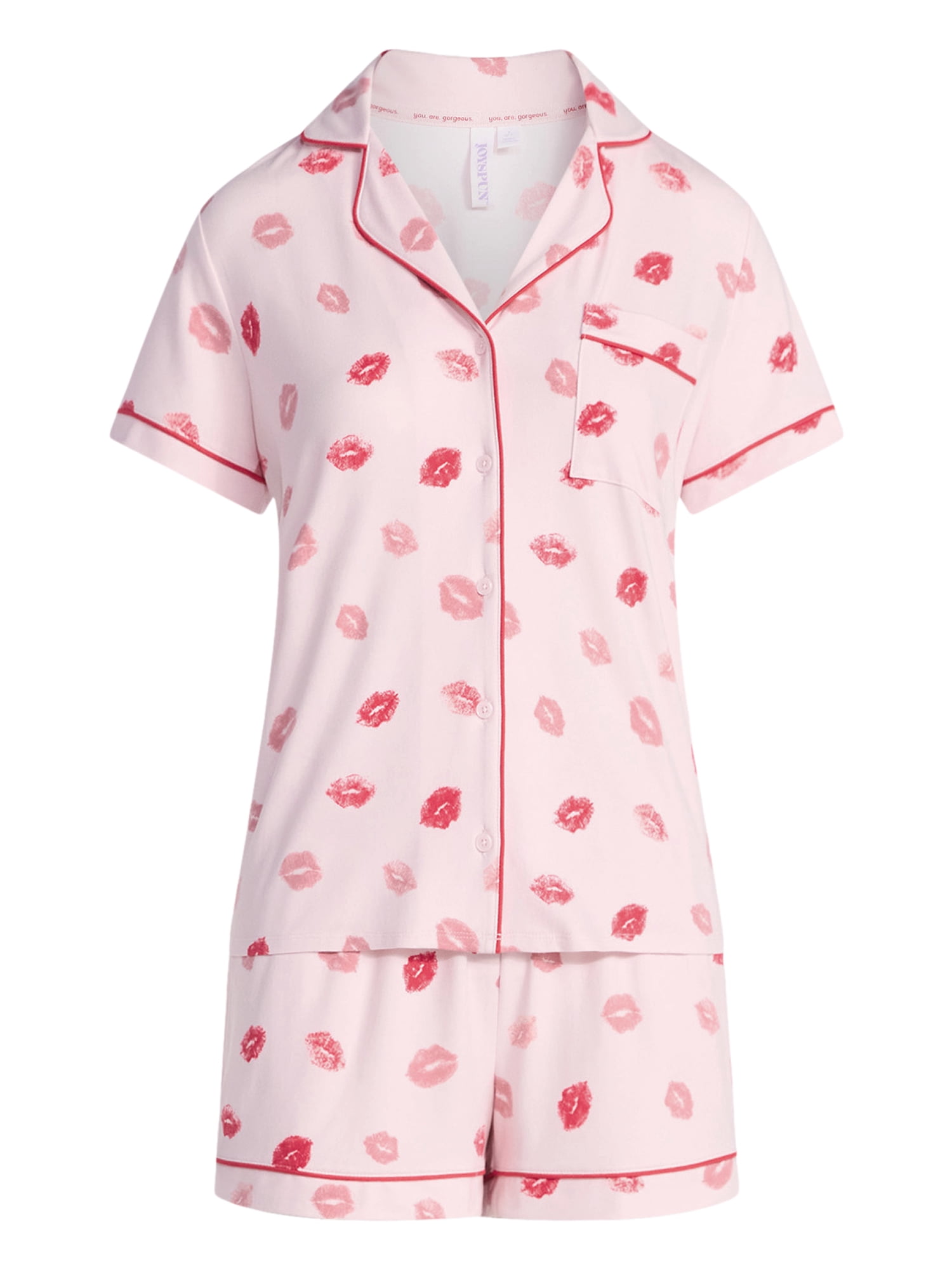 Joyspun Women's Dreamy Soft Collection Notch Collar Top and Shorts Valentine's Day Pajama Set, 2-Piece, Sizes XS-3X