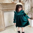 thumbnail image 4 of OBEEII Toddlers Baby Girls Fall Long Sleeve Solid Color Ruffled Velvet Dress Baby Girls Cake Smash Dress Wedding Flower Girl Dress 6-7 Years Lace dark green, 4 of 10