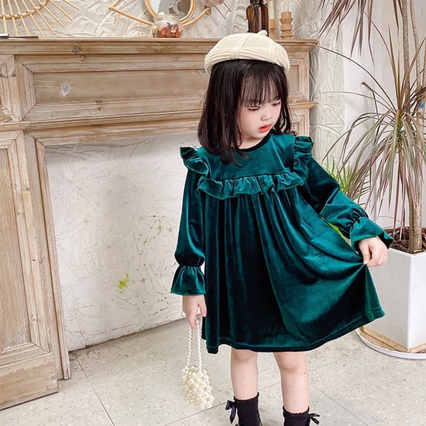 OBEEII Toddlers Baby Girls Fall Long Sleeve Solid Color Ruffled Velvet Dress Baby Girls Cake Smash Dress Wedding Flower Girl Dress 12-18 Months Lace dark green