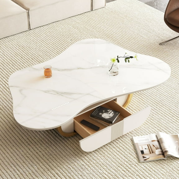 Modern Butterfly Coffee Table with Sintered Stone Top – Durable Oval Center Table Featuring Storage Drawer & Shelf, Stainless Steel Base for Contemporary Living Rooms