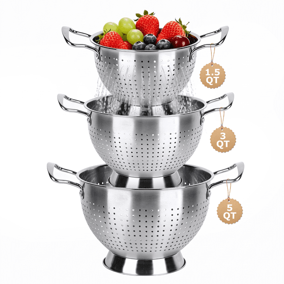 Colander Set of 3, TAIMASI 1.5, 3 & 5 Quart Stainless Steel Micro-Perforated Colanders Strainers for Draining Rinsing Washing, Kitchen Colanders Bowl for Pasta Fruits, Dishwasher Safe