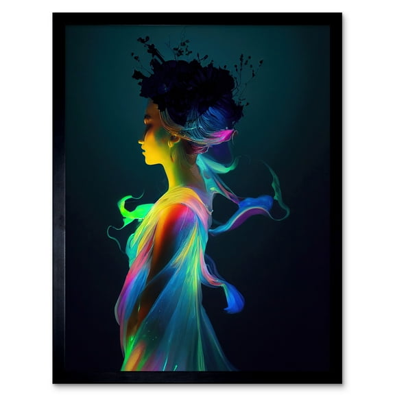 Nature Fairy In Colourful Fluorescent Light Dress Art Print Framed Poster Wall Decor 12x16 inch