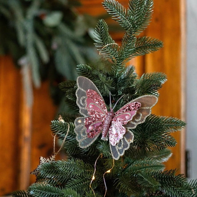 Adornos Navideños con Pinzas para El Árbol, Colgantes Calados de Malla Simulada con Purpurina | Material: Tela | Color: Rosa | Peso: 44 G | Dimensiones Del Paquete: 20 X 13,3 X 2 Cm