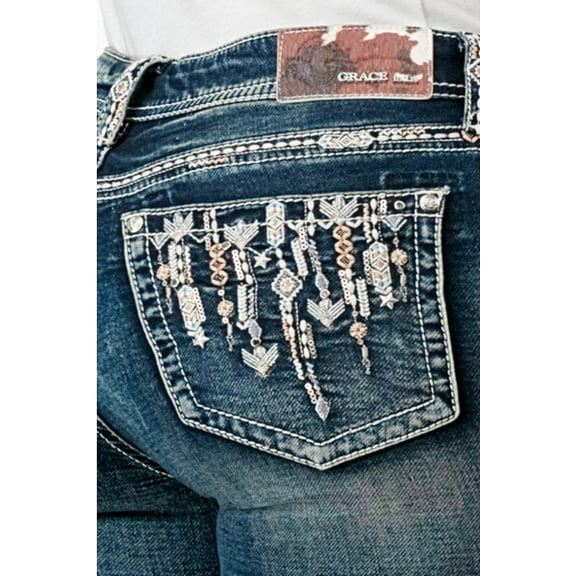 Grace in LA Women's Aztec Western Embroidered Stonewashed Bootcut Stretch Jeans (25, Blue Stonewashed)