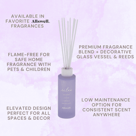 Allswell Relax (Lavender + Jasmine + Chamomile) Scented Reed Diffuser 3 Fl oz (90mL) 8 Synthetic Reeds