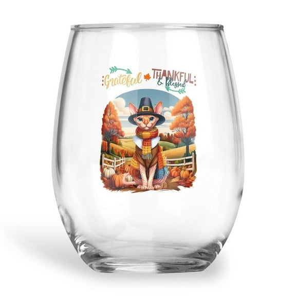 Thanksgiving Sphynx Pilgrim Grateful, Thankful, Blessed Fall Welcome 15oz Stemless Wine Glass Mug Cat Lover Kitten Owner Gifts Idea Wine Glasses Cup - 00021
