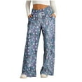 thumbnail image 2 of DeHolifer Wide Leg Pants For Women High Waist Floral Print Drawstring Loose Comfy Trousers with Pocket Blue S, 2 of 5