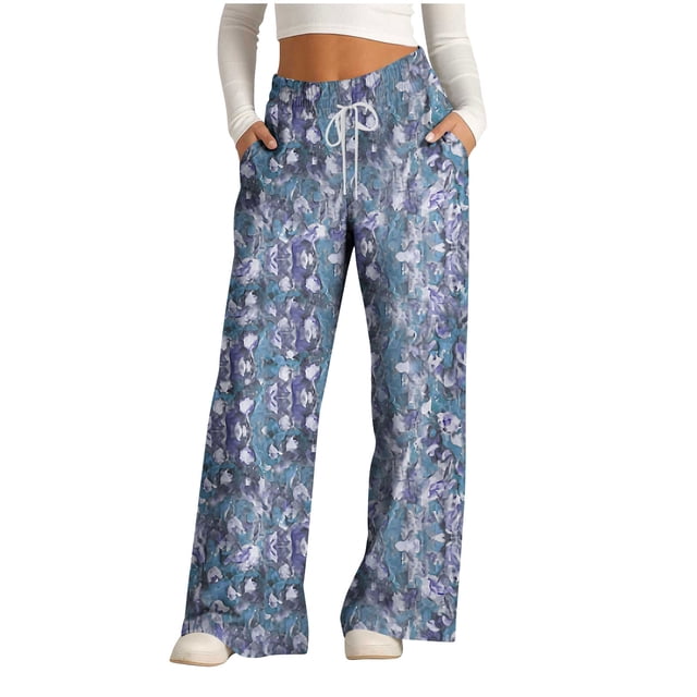 Pants for Women, Womens Fashionable Striped Printed Drawstring Wide Leg Pants
