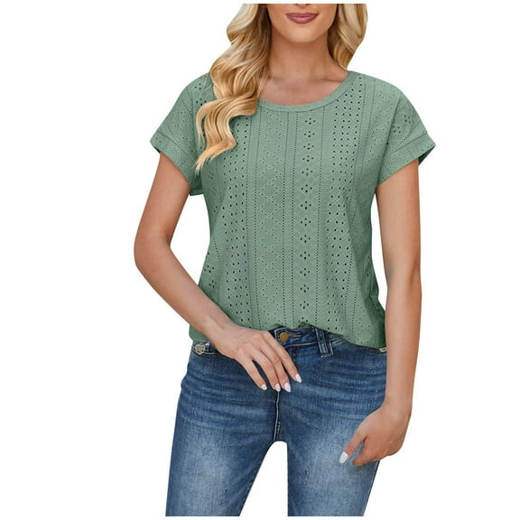 Lovskoo 2024 Summer Tops for Women Trendy Short Sleeve Round Neck Spring Casual Loose Shirts for Women Green L