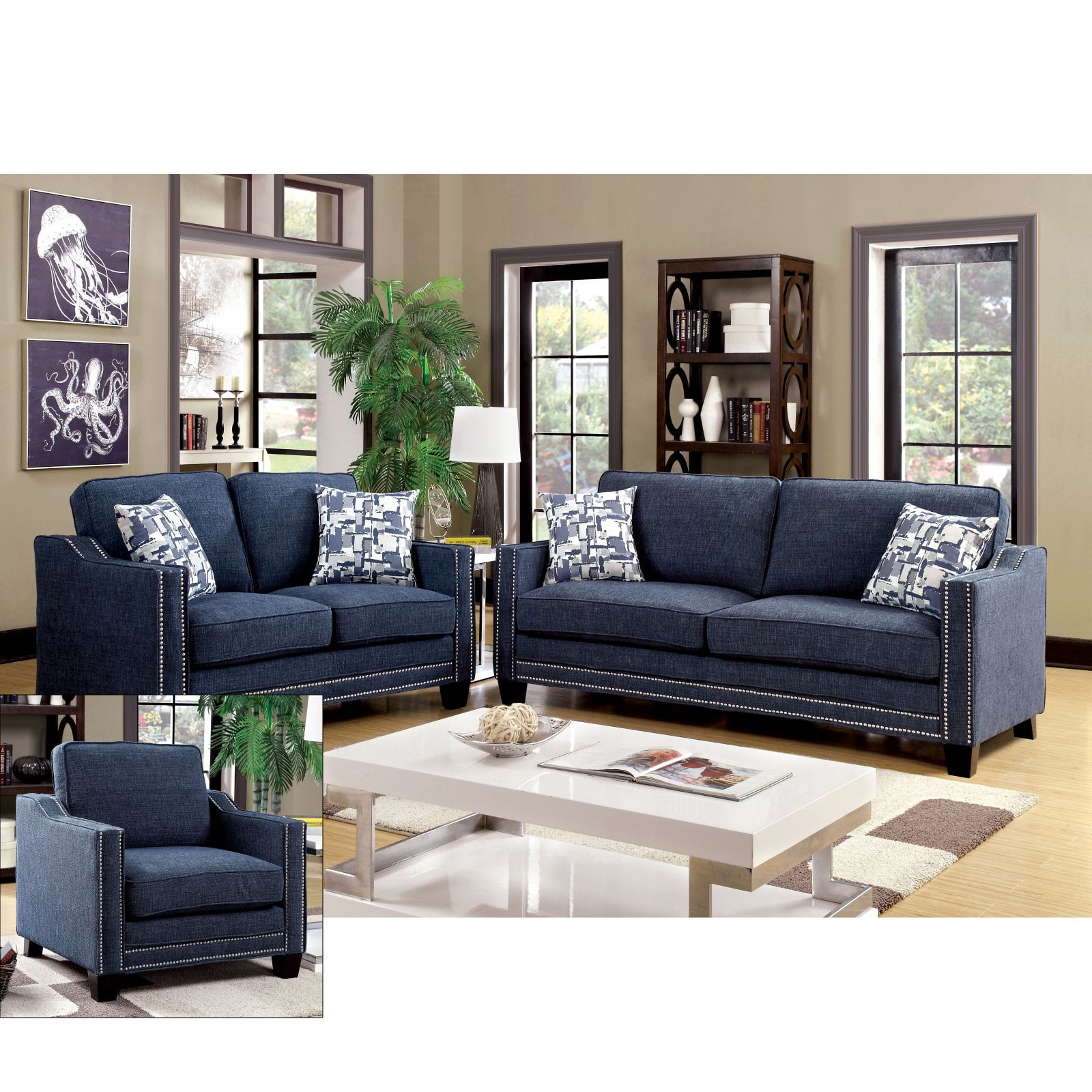 Furniture Of America Polin 3 Piece Studded Chenille Sofa Set Walmartcom Walmartcom