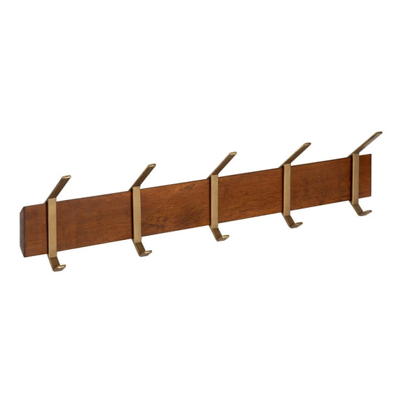 Kate and Laurel Rossmore Modern 5 Wall Coat Hooks Walnut Brown and Gold