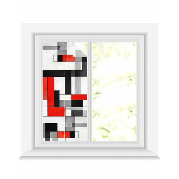 Window Privacy Film Red Black Stained Glass Window Film Decorative Sun Block Window Cover Abstract Geometric Grey White Middle Century Window Clings Static Adhesive Sticker for Bathroom 17.7"x39.3"