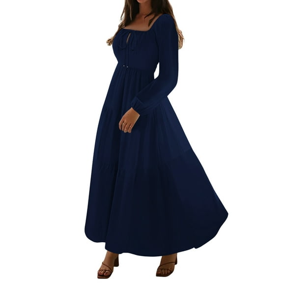 Women'S Bohemian Style Casual Resort Dress U-Neck Long Puff Sleeve A-Line Maxi Dress Navy Blue L