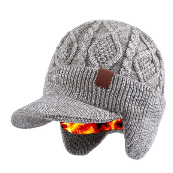 New Cozy Head Beanies for Women Men Warm Knitted Hats with Brim & Ear Flaps Color Light Gray Size One Size