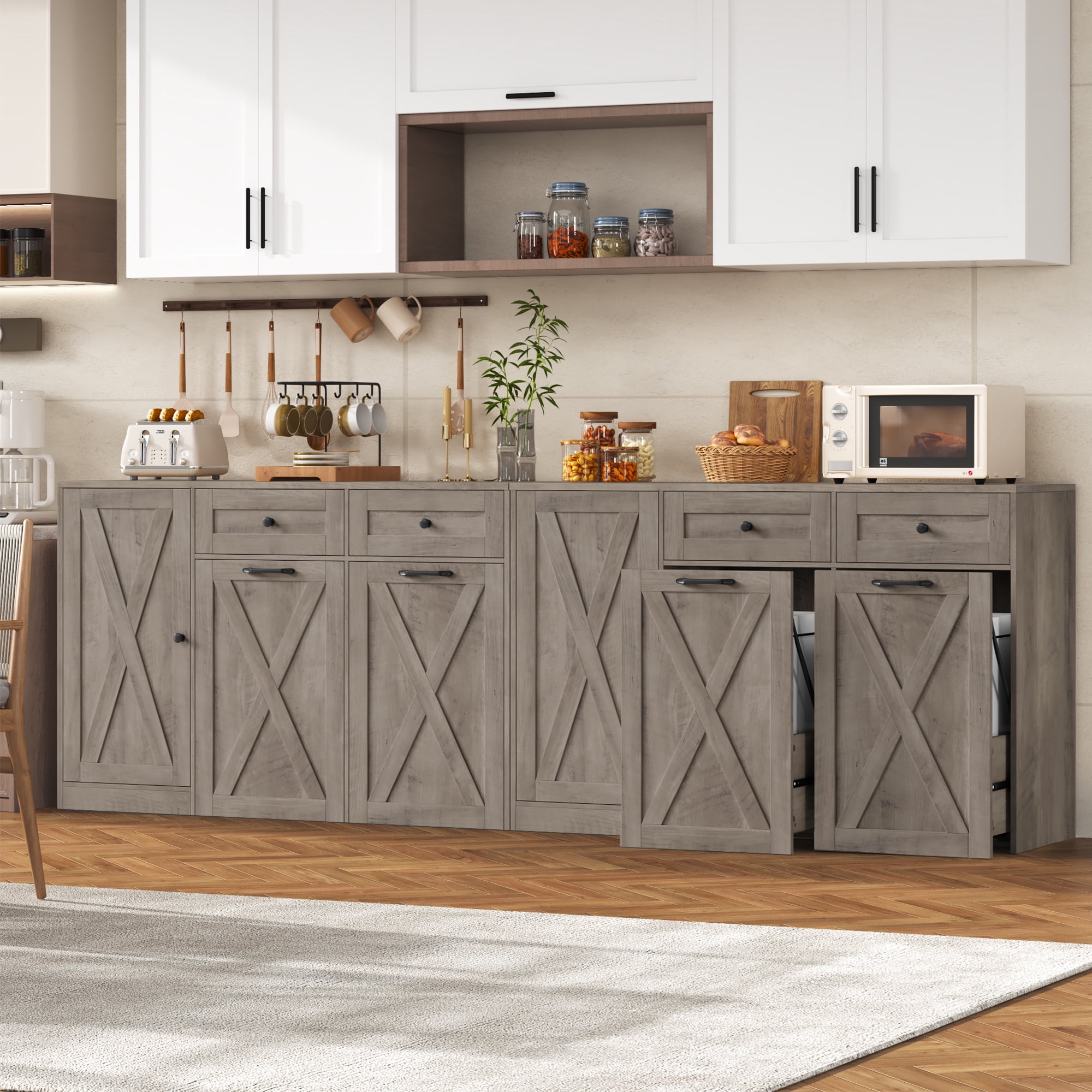 Homfa 47.2"W Kitchen Sideboard Credenza, Trash Can Cabinets Fits 12.5 Gallon Can, 2 Drawer Wood Buffet Storage Cabinet with Adjustable Shelf, Wash Gray