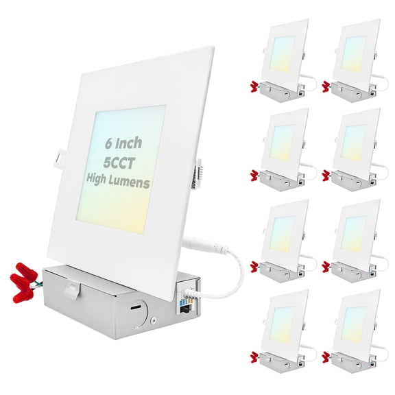 Luxrite 6 inch Ultra Thin Square LED Recessed Light with J-Box, 15W, 5 Color Selectable 2700K-5000K, 1400 Lumens, Dimmable, IC Rated 8-Pack