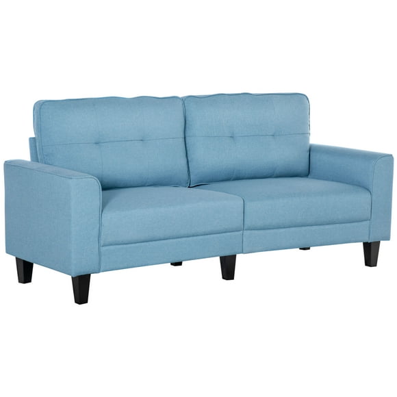 HOMCOM 3-Seater Sofa, Mid-Century Linen Couch with Upholstered Seat, Button-Tufted Back Cushion and Rubber Wood Legs for Living Room, Bedroom, Blue
