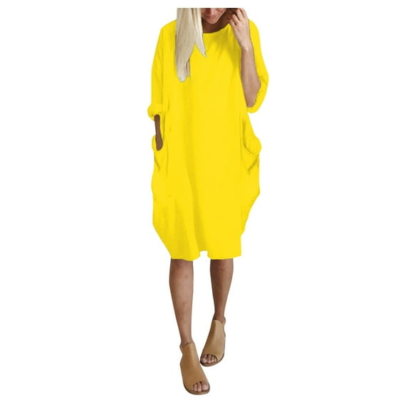 Winter Fall Dresses for Women Wedding Guest Long Sleeve Pocket Loose Dress Ladies Round Neck Casual Knee-Length Dress