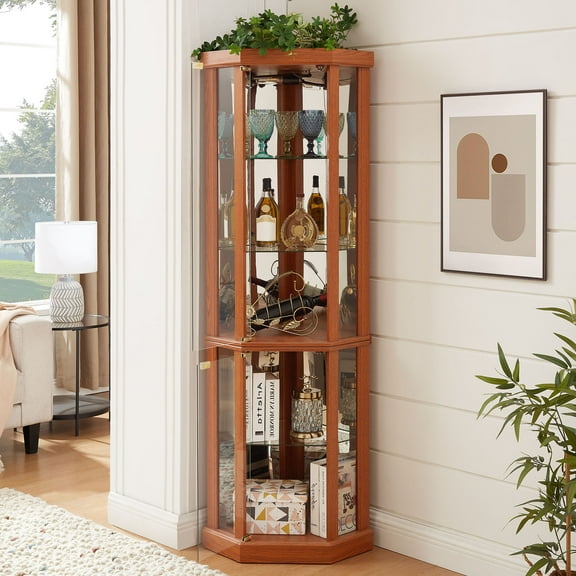 CQSXDA Corner Lighted Curio Cabinet Oak with Adjustable Shelves for Vintage Antiques and Wine Glass Storage