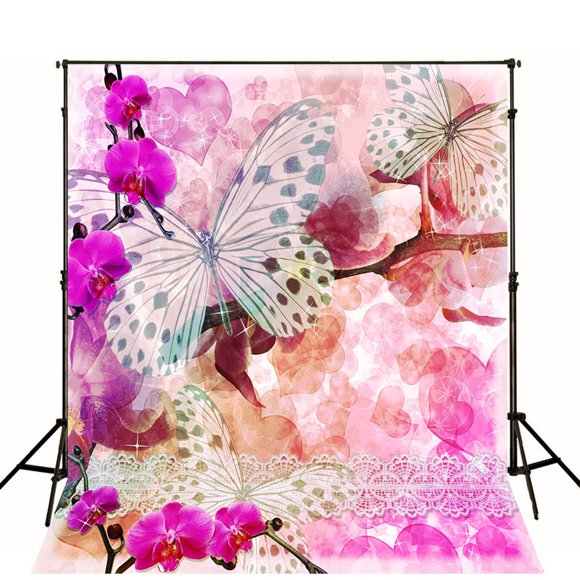 YUSDECOR 5x7ft Light Pink Hearts Backdrops Valentine's Day White Butterflies with Flowers Newborn Photography Background Cloth
