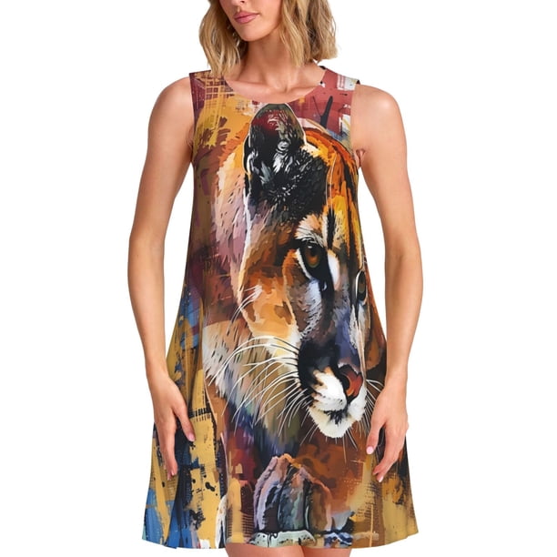 Disketp Abstract Lion Painting para Vestido sin Mangas para Mujeres, Vestidos de Verano para Mujeres, Casual y Holgado para la Playa