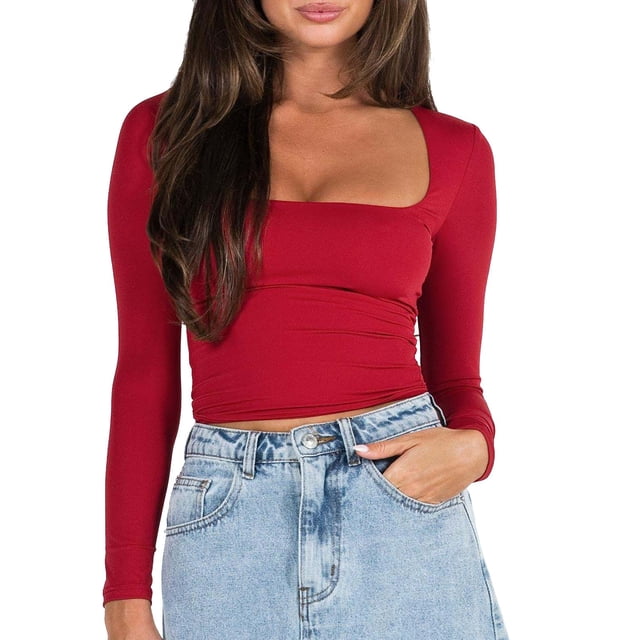 Gibobby Blusa Termica Camiseta Sexy de manga larga con cuello cuadrado para mujer, Top corto con cuello cuadrado, Top de otoño(Rojo, M)