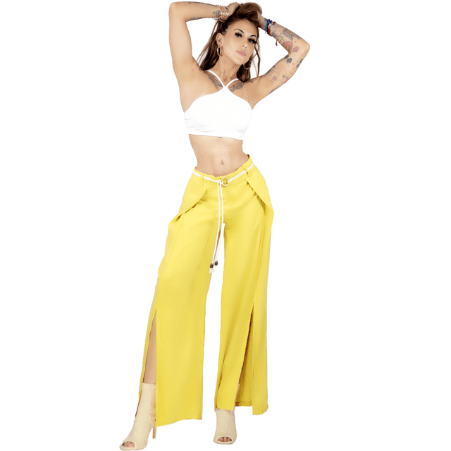 Pantalones Palazzo Malabis AMARILLOS Con volantes y cinturón para mujer