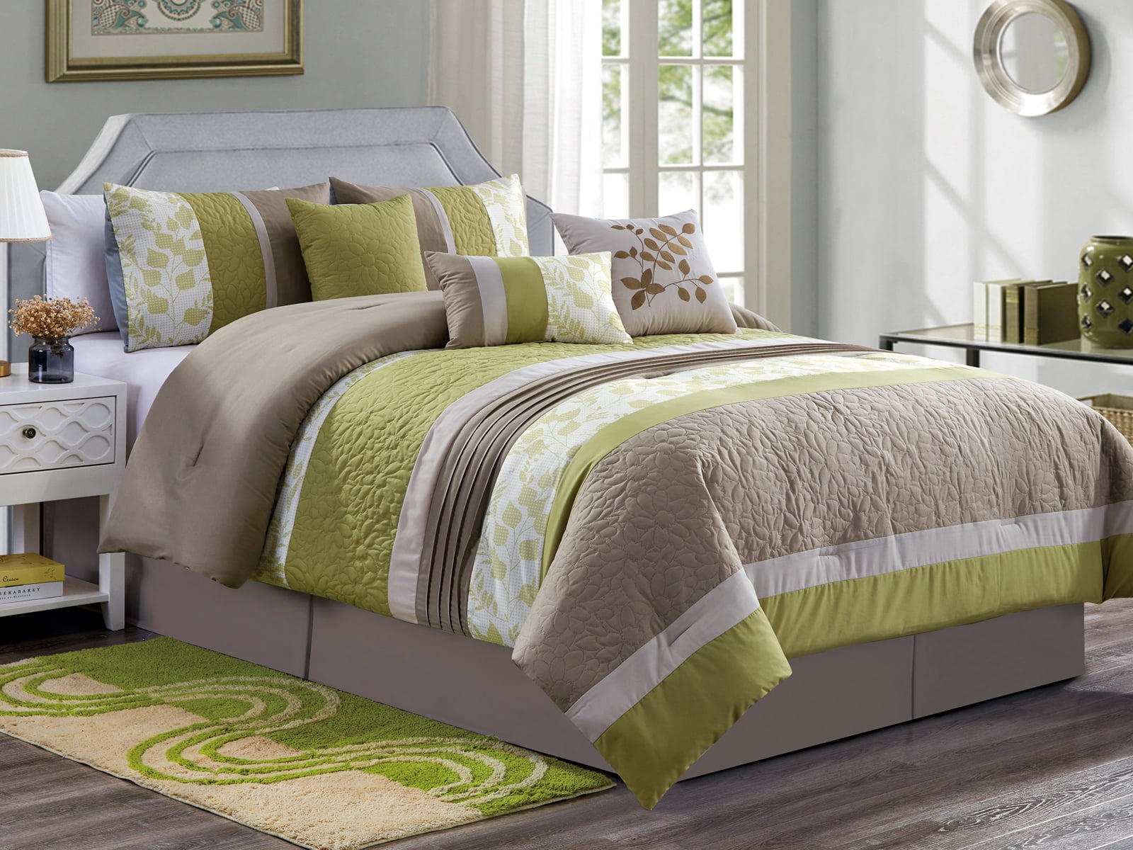 11 Pc Forrest Embossed Floral Leaves Pleated Stripe Comforter