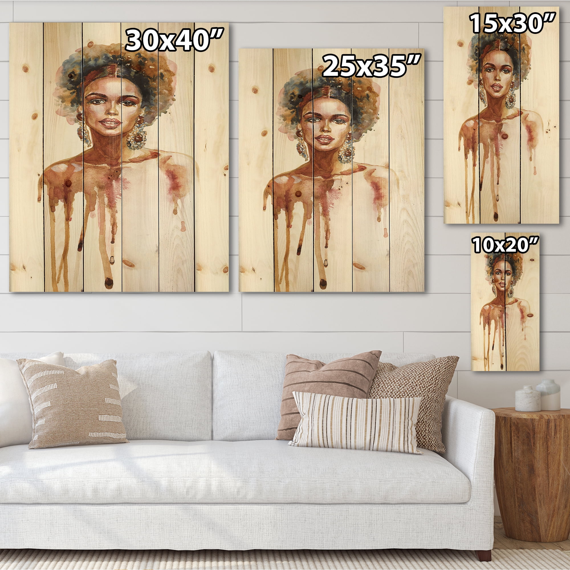 Designart 'Portrait of Afro American Woman XIII' Modern Print on Natural Pine Wood