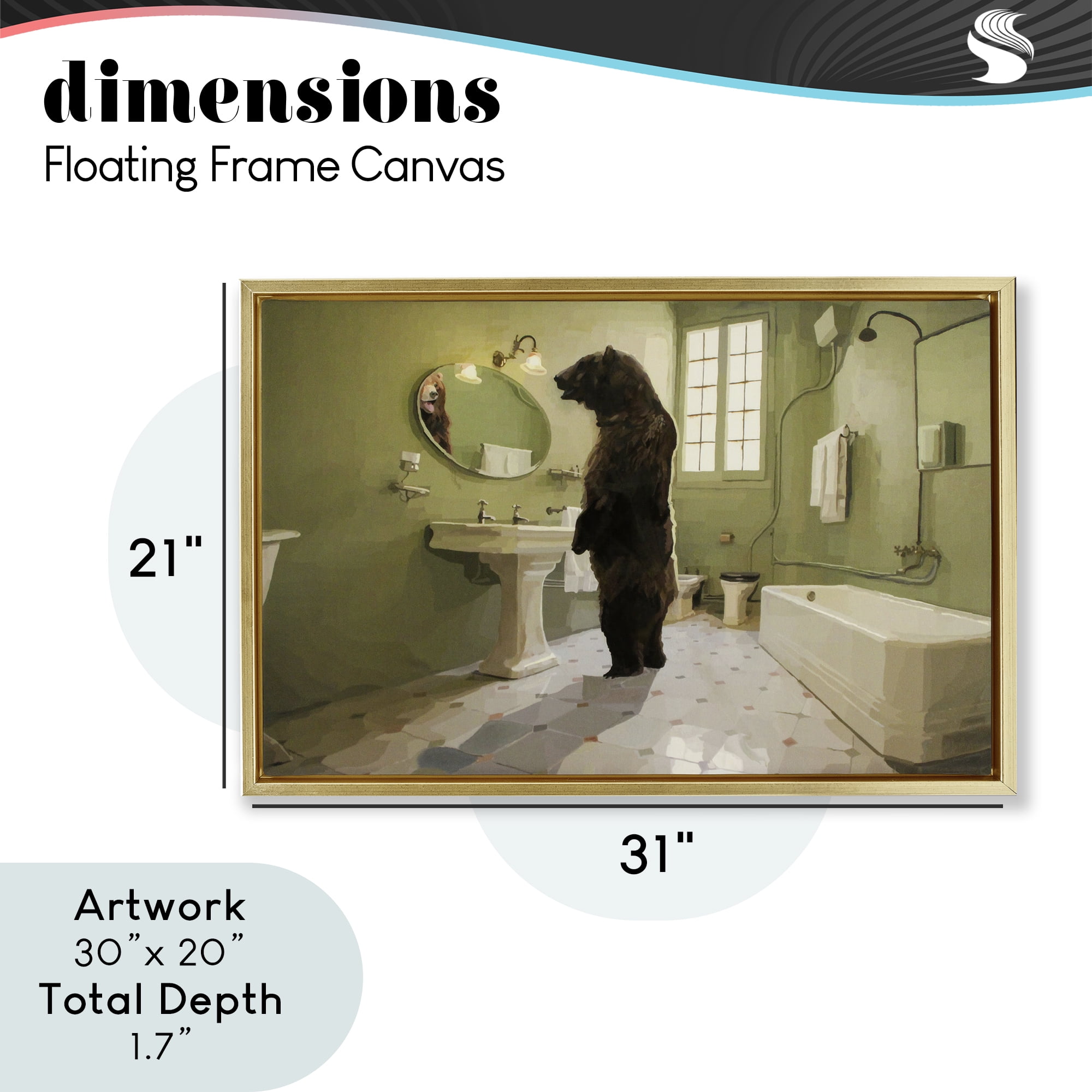 The Houseguest Bear in Bathroom Gold Framed Floater Canvas Wall Art, design by Keith Thomson