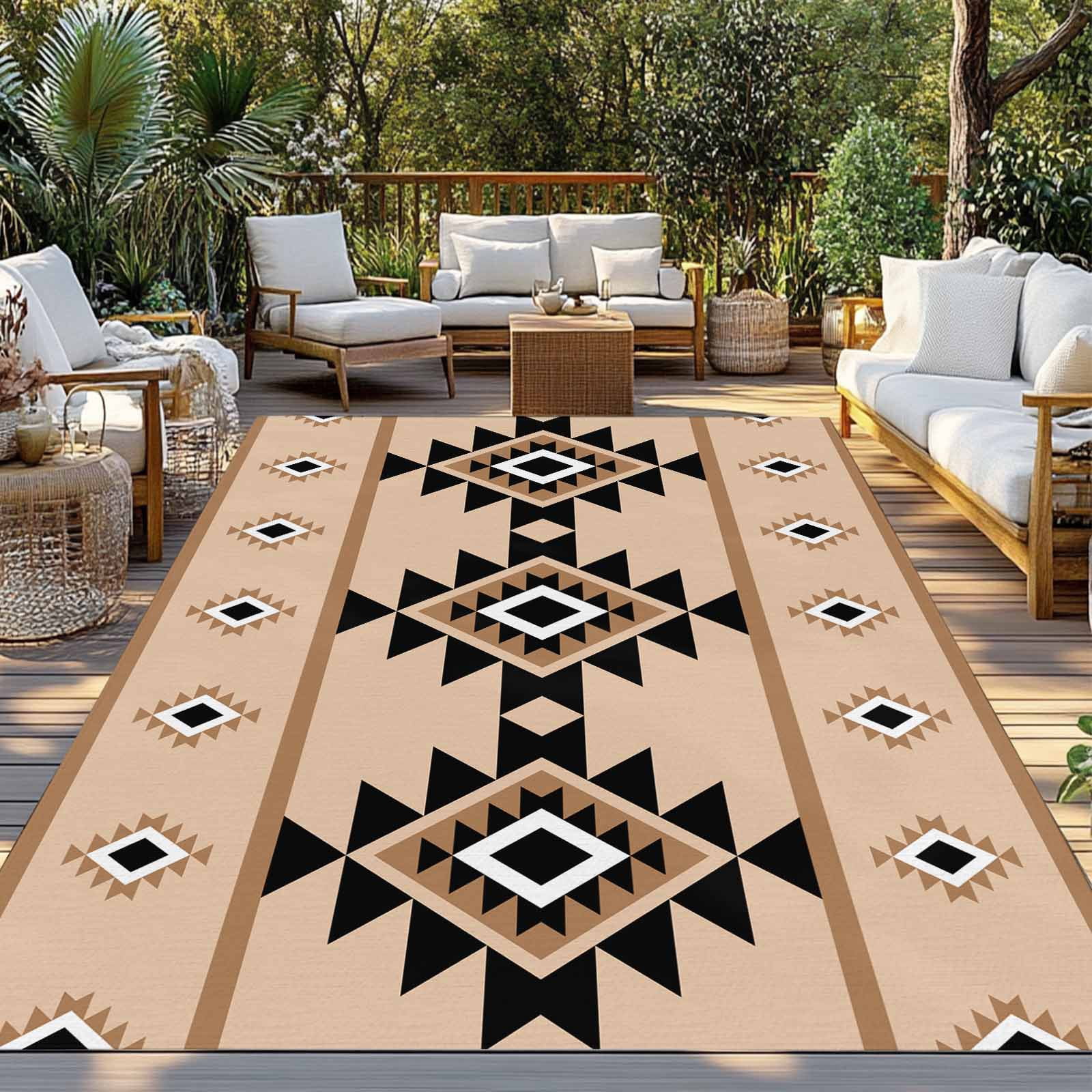 Fsddascl Brown Black Boho Outdoor Rug for Patio/Deck/Porch, Non-Slip Large Area Rug 6 x 9 Ft, Country Aztec Southwest Geometric Indoor Outdoor Rugs Washable Area Rugs, Reversible Camping Rug Carpet