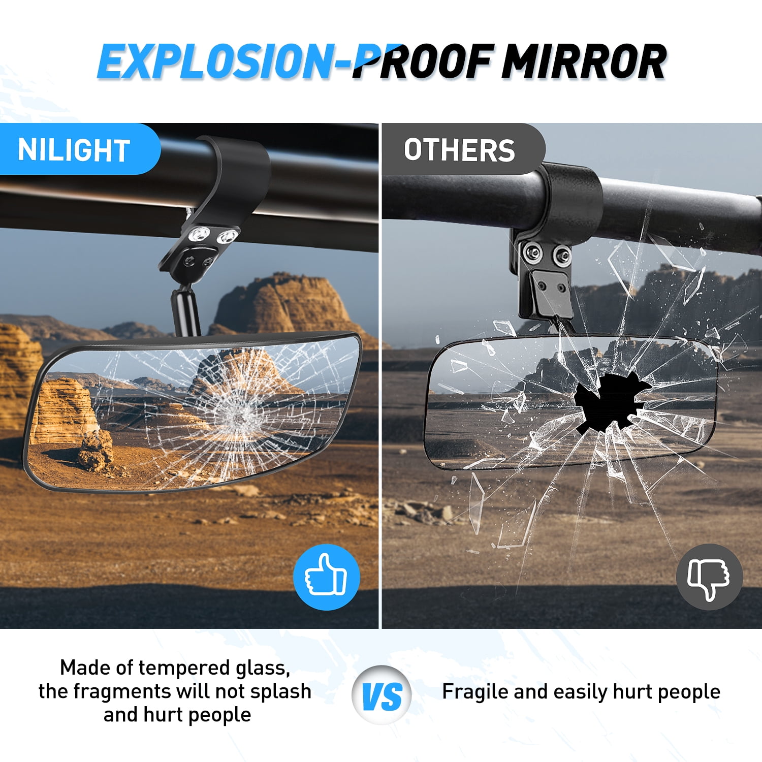 Nilight UTV Rear View Mirror 12inch Wide Clear Convex Center Mirror with 1.75" to 2" Clamps Adjustable 360 Degree for Polaris Rzr Pro XP R Pioneer 1000 Can Am Maverick X3 Kawasaki, 2 Years Warranty