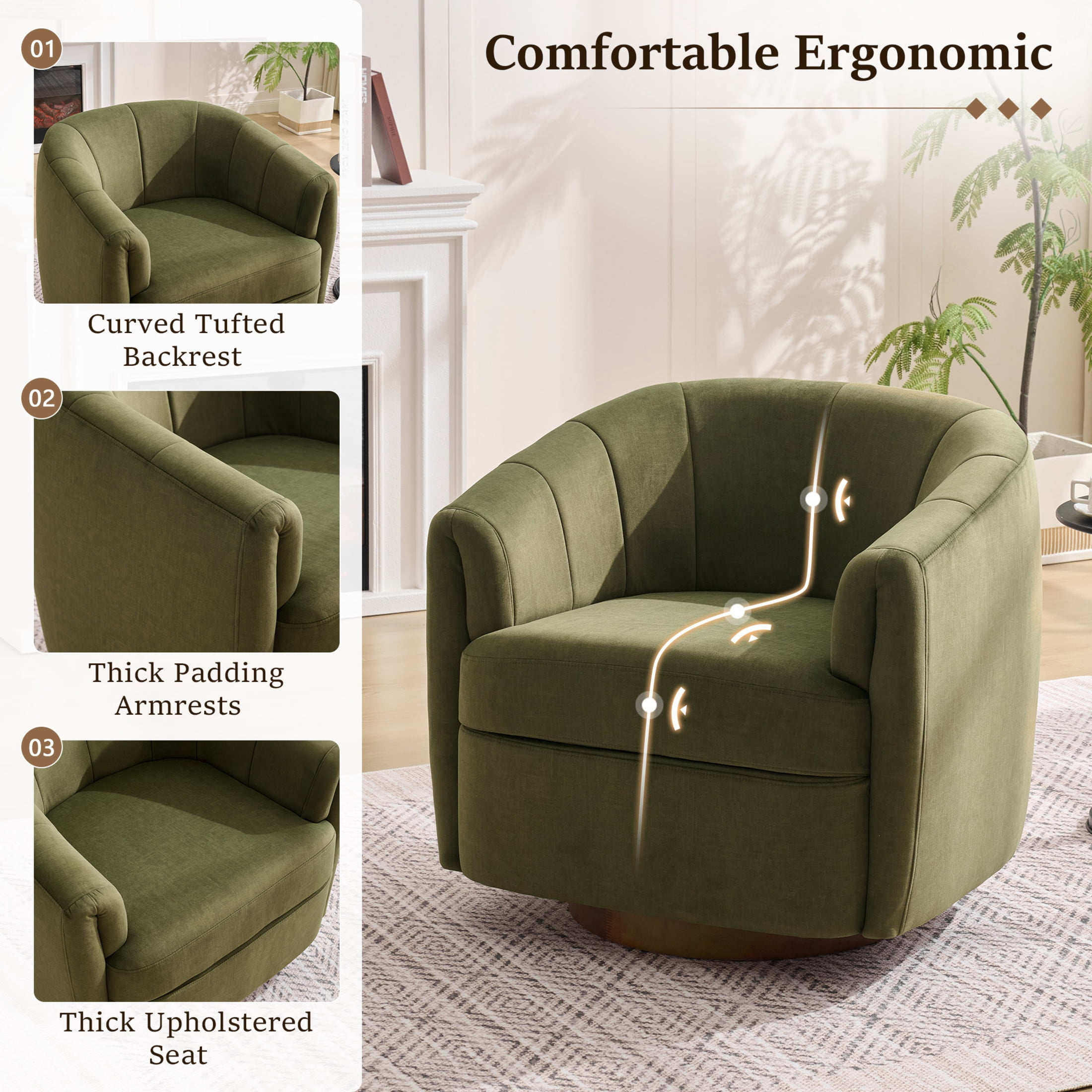 Noble House Swivel Accent Chair with Solid Wood Base, Velvet Upholstered Armchair for Living Room, Green