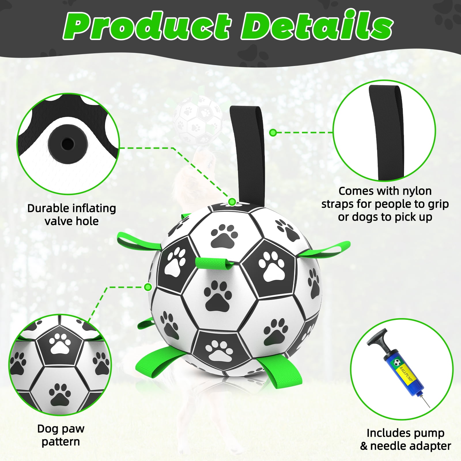 QDAN Durable Dog Toys Soccer Ball with Nylon Straps Hand Pump for Puppies Medium Large Dogs, 7-inch
