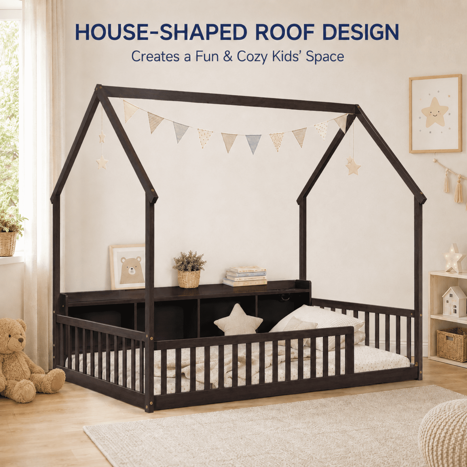 Miniyam Twin House Bed for Kids, Floor Bed with Storage, LED, Charging Station, Espresso