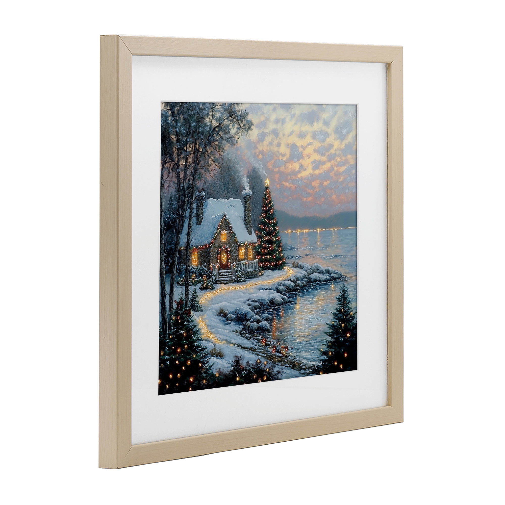 Stupell Industries Snowy Lit Cottage by Lake Birch Framed Print Under Glass, design by Heidi Kuntz
