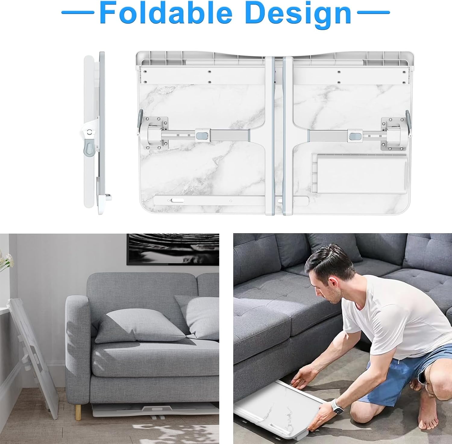 Laptop Overbed Desk with Drawer, Extra Large Foldable Overbed Desk Tray, (Marble, 23.6" x 15.7")