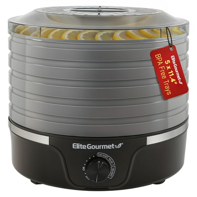 Elite Gourmet EFD319BNG Deshidratador de alimentos, 5 bandejas sin BPA de 11.4 pulgadas, controles de temperatura ajustables, ceca, hierbas, frutas, verduras, aperitivos secos, negro y gris, 5